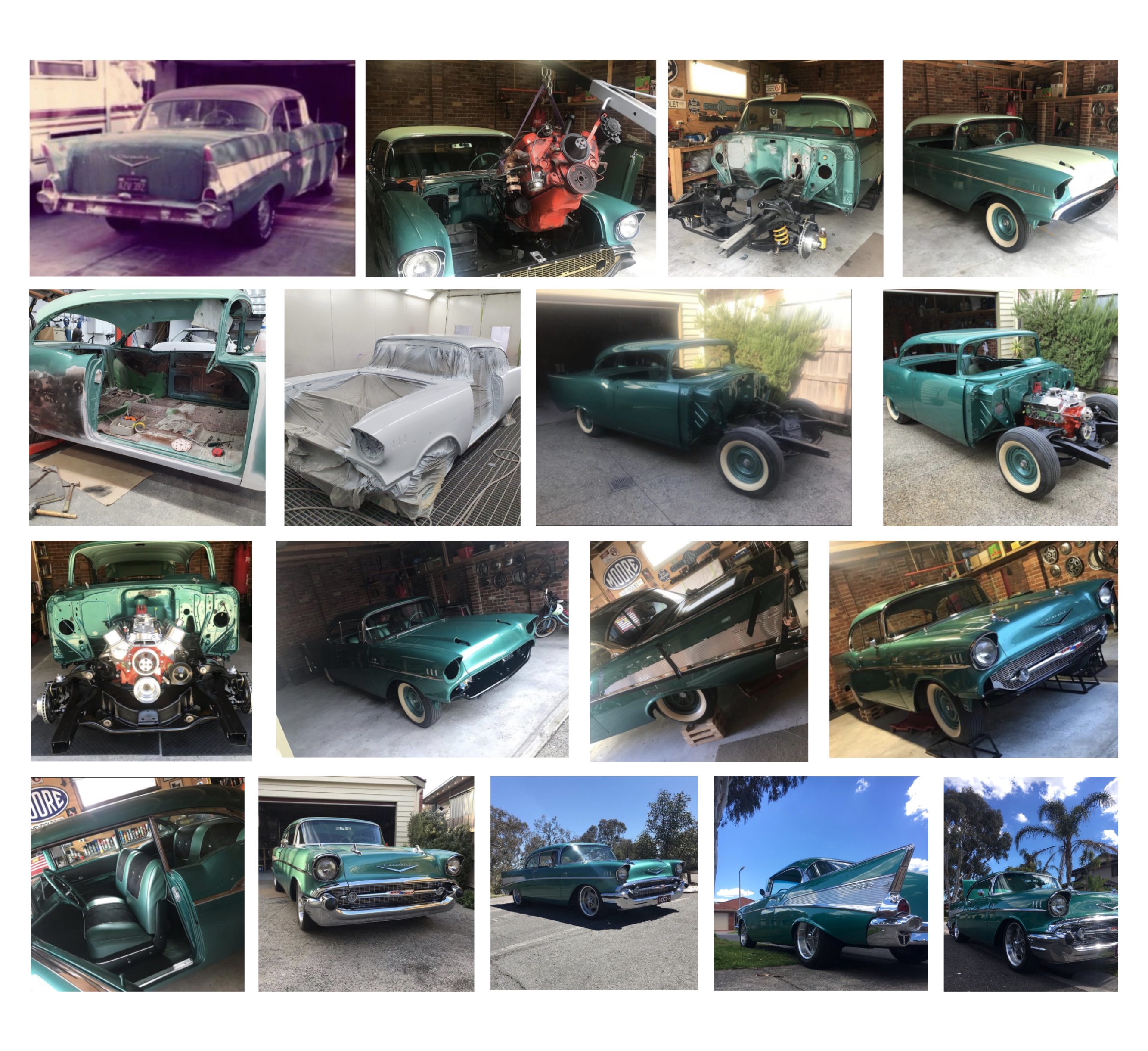 Photo grid of Maurice's 1957 Chevy named Lorna